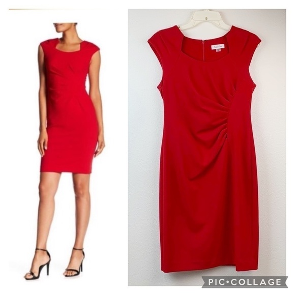 Calvin Klein Dresses & Skirts - Calvin Klein ponte knit red tailored sheath square neck work cocktail dress EUC